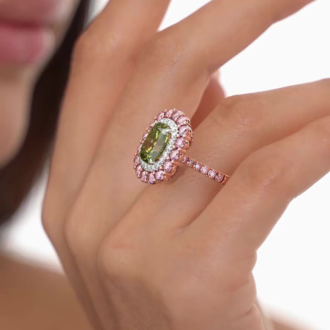 Double Halo 4ct Cushion Cut Peridot Sapphire Engagement Ring