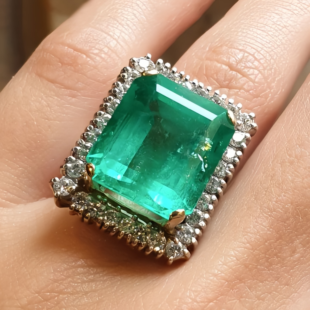 Under Halo 10ct Emerald Cut Emerald Sapphire Engagement Ring