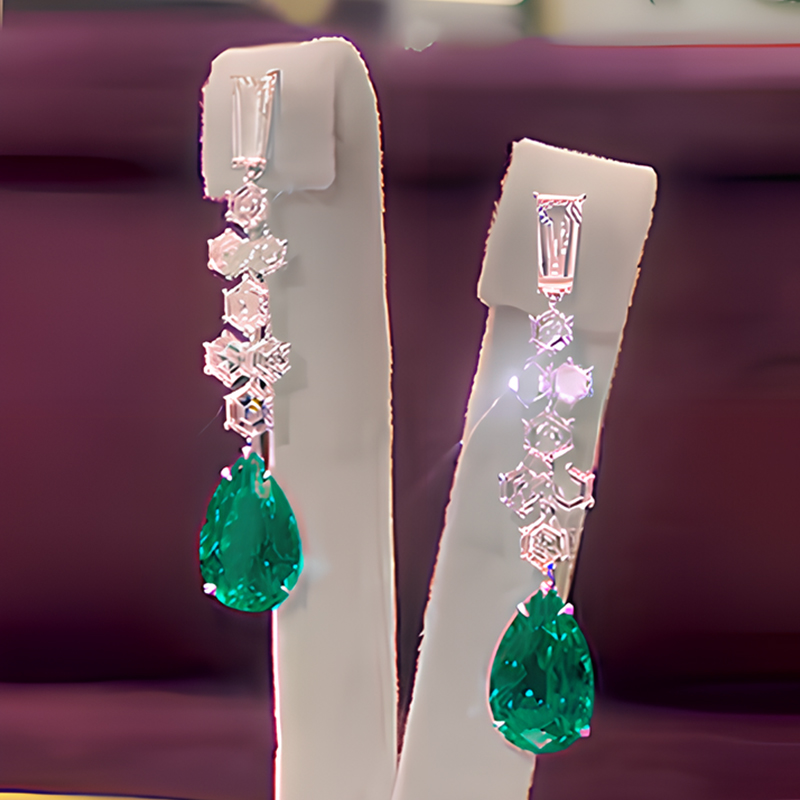 Two Tone White&Emerald Sapphire Drop Earrings