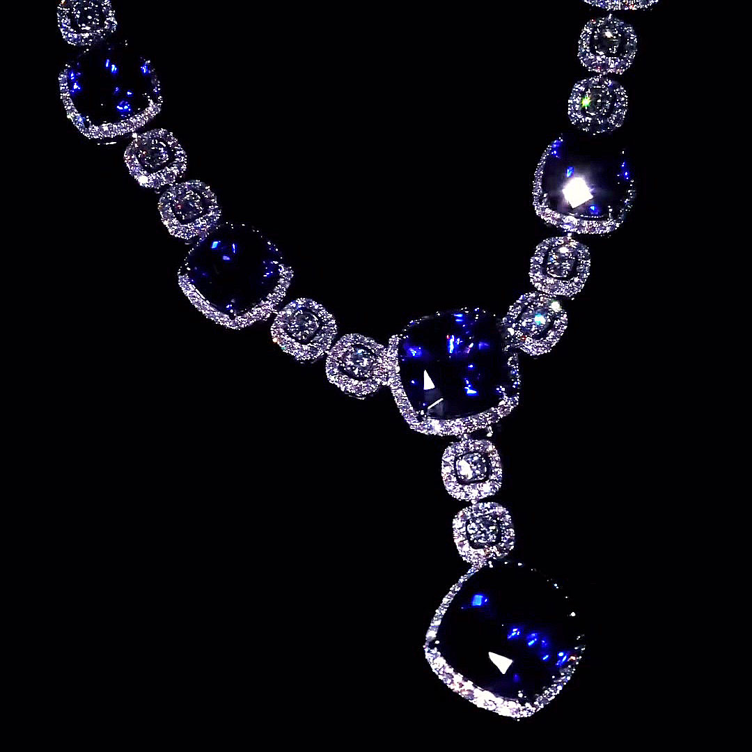 Cushion Cut Blue Sapphire Necklace&Earrings Set/2pcs