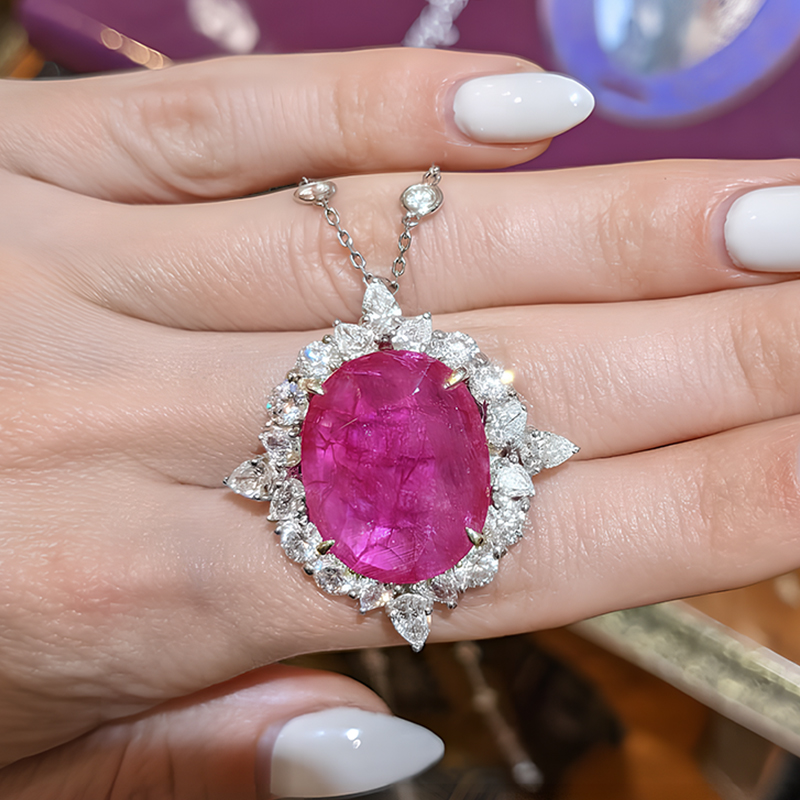 Ruby Sapphire Halo Pendant Necklace