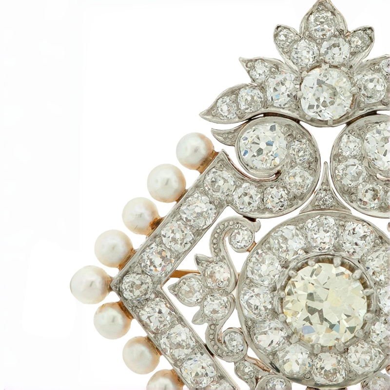 Convertible White Sapphire & Pearl Vintage Motif Brooch-Necklace
