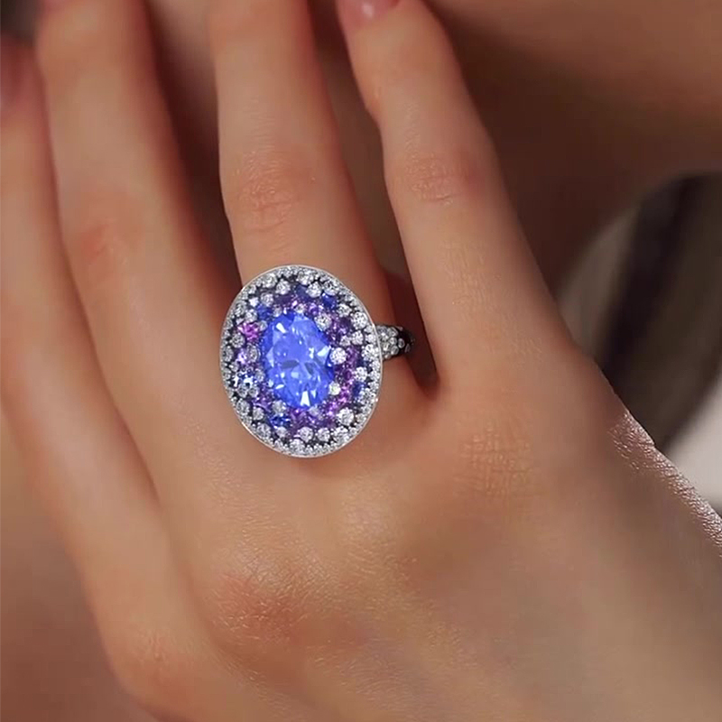 Pave Setting 2ct Oval Cut Blue Sapphire Signet Ring