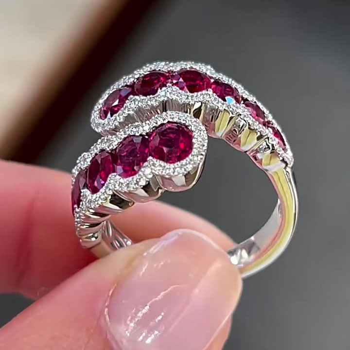 6.2ct Open Design Oval Cut Ruby Sapphire Eternity Ring