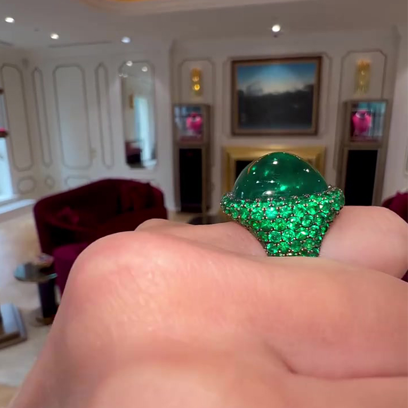 Full Pavé 8ct Emerald Sapphire Cabochon Cut Engagement Ring