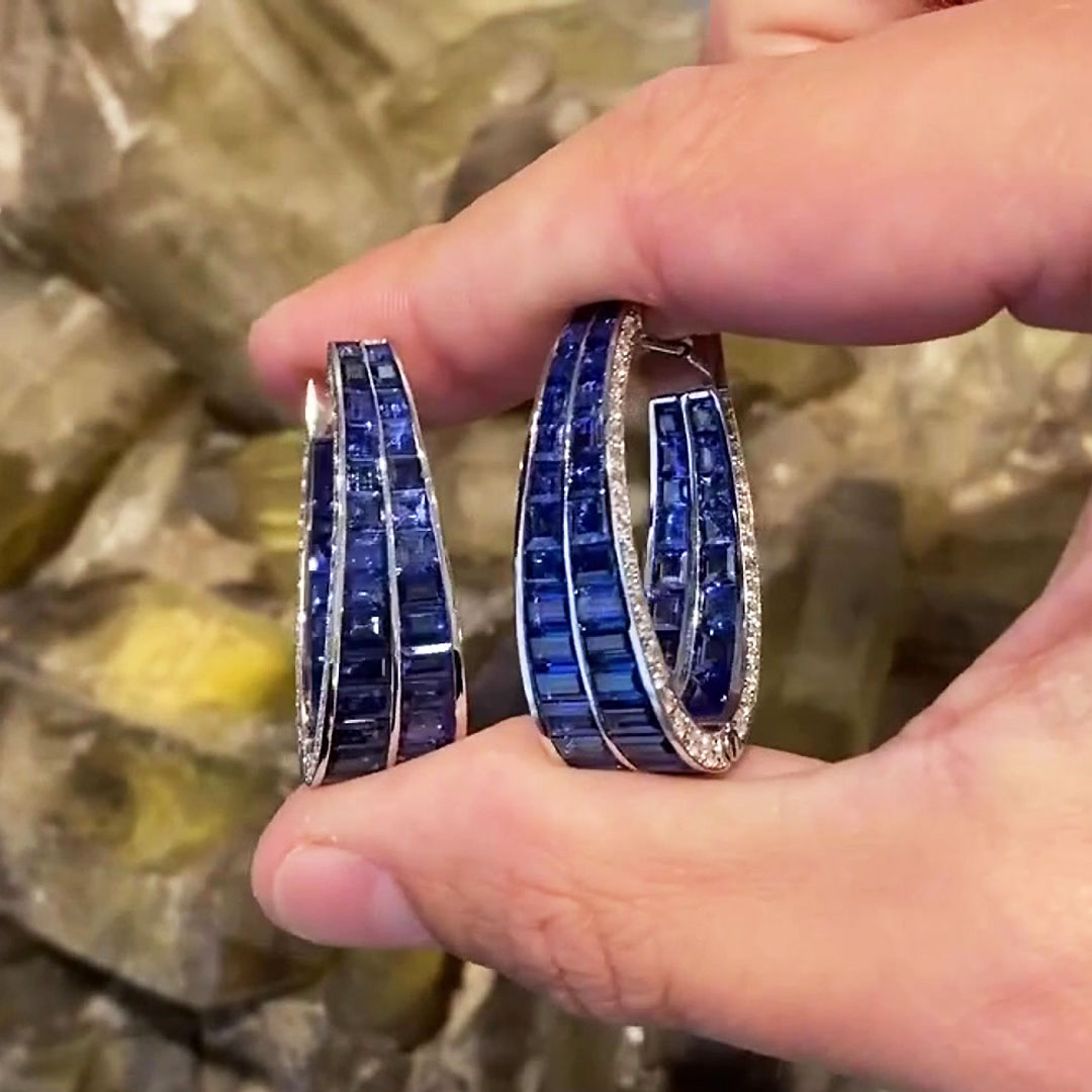 Invisible Setting Blue Sapphire Inside-out Hoop Earrings