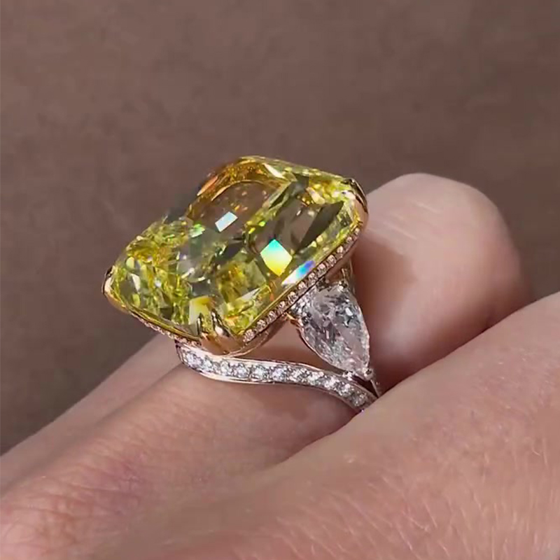 3.5ct Cushion Cut Yellow Sapphire Two Tone Pave Set Cocktail Ring