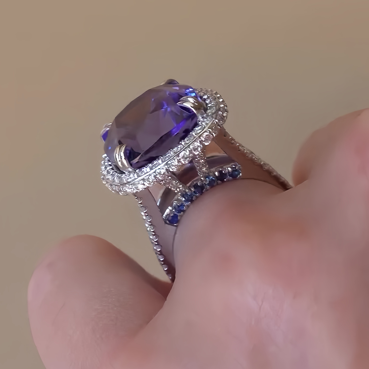 3.8ct Cushion Cut Purple Sapphire Halo Diamond Ring