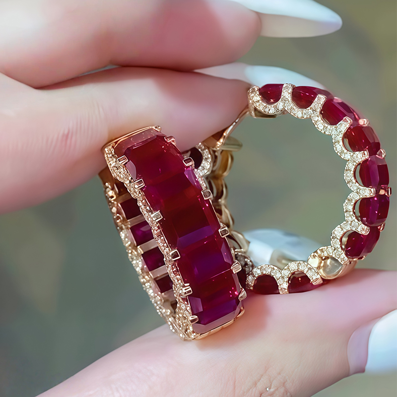 12.00ctw Emerald Cut Vivid Red Ruby & White Sapphire Hoop Earrings