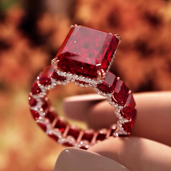 6ct Under Halo Emerald Cut Ruby Sapphire Engagement Ring