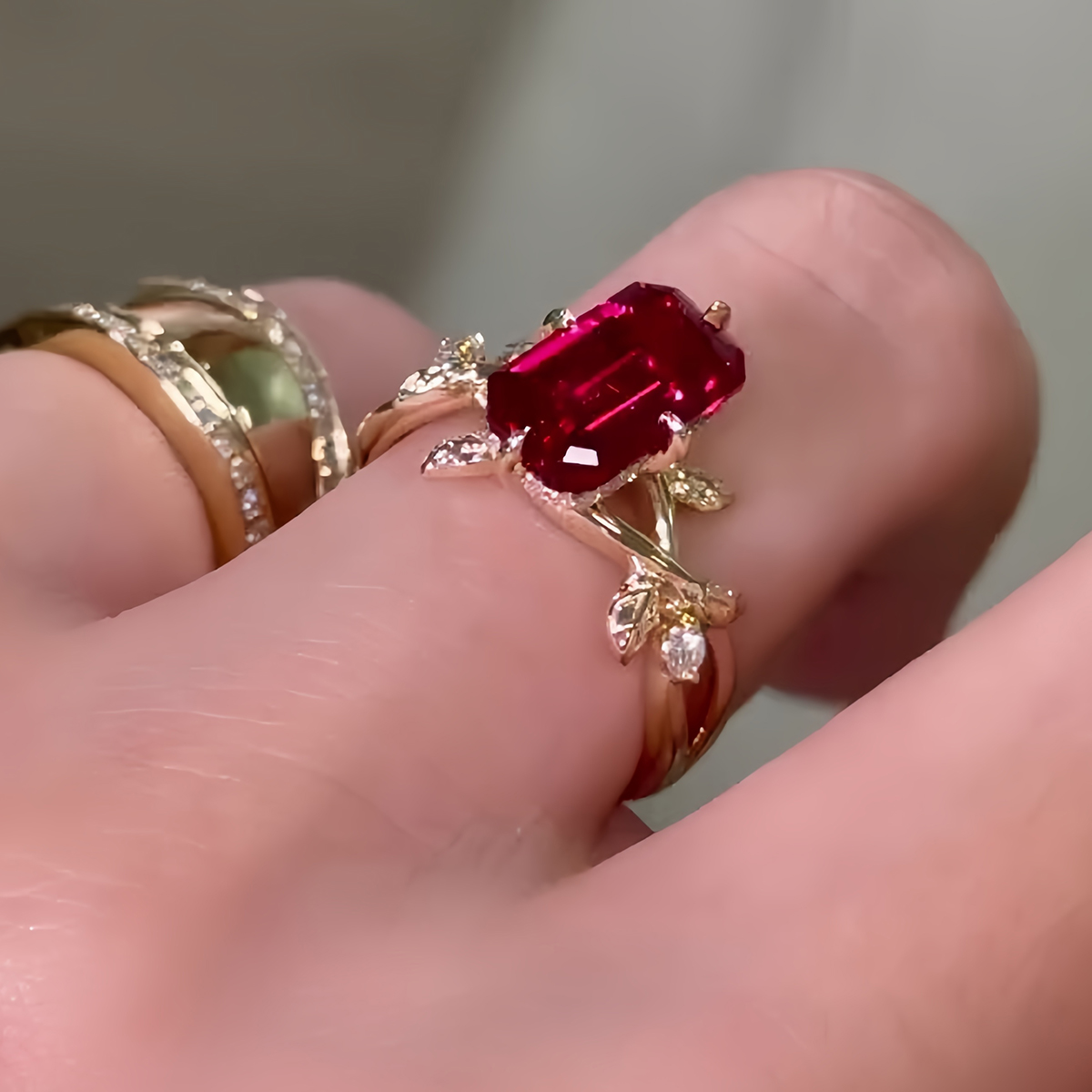 3ct Emerald Cut Ruby Sapphire Vine Engagement Ring