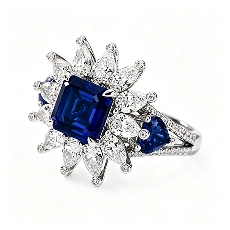 3.25ct Asscher Cut Sapphire Halo Cocktail Ring