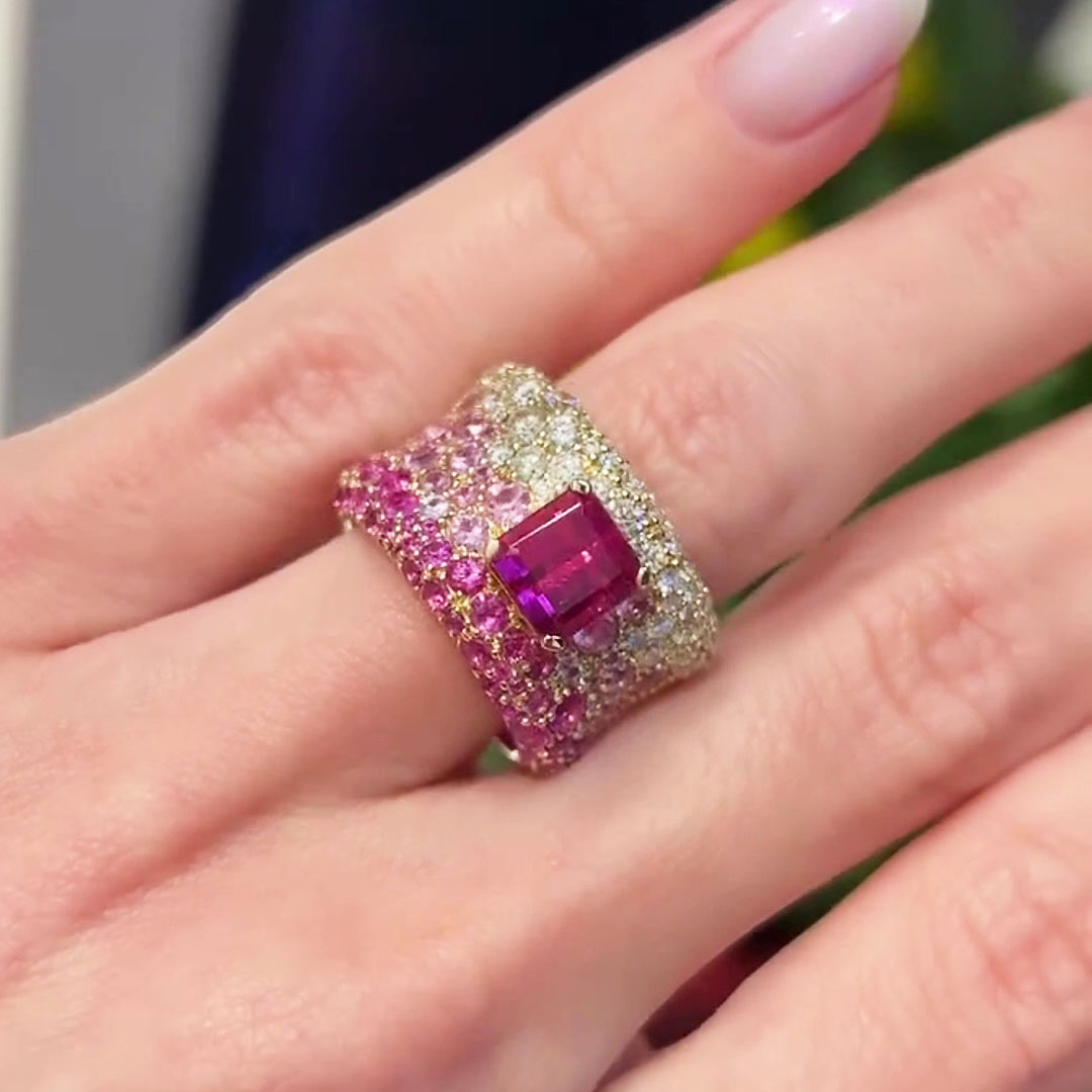 4.5ct Emerald Cut Pink Sapphire Pave Setting Wedding Band