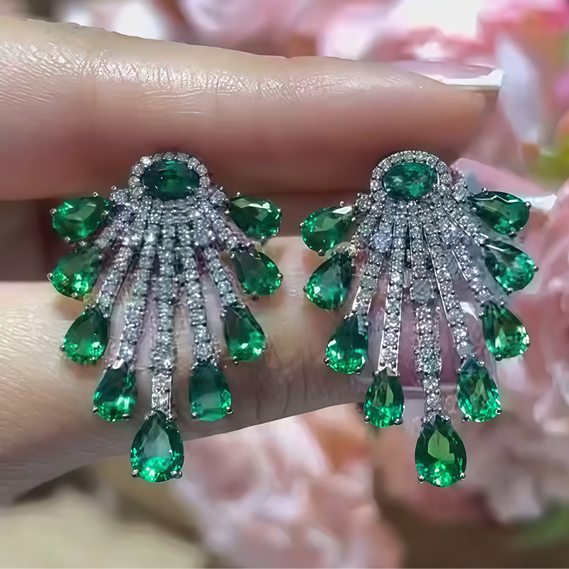 Art Deco 8ctw Pear Cut Vivid Green Emerald Sapphire Chandelier Earrings