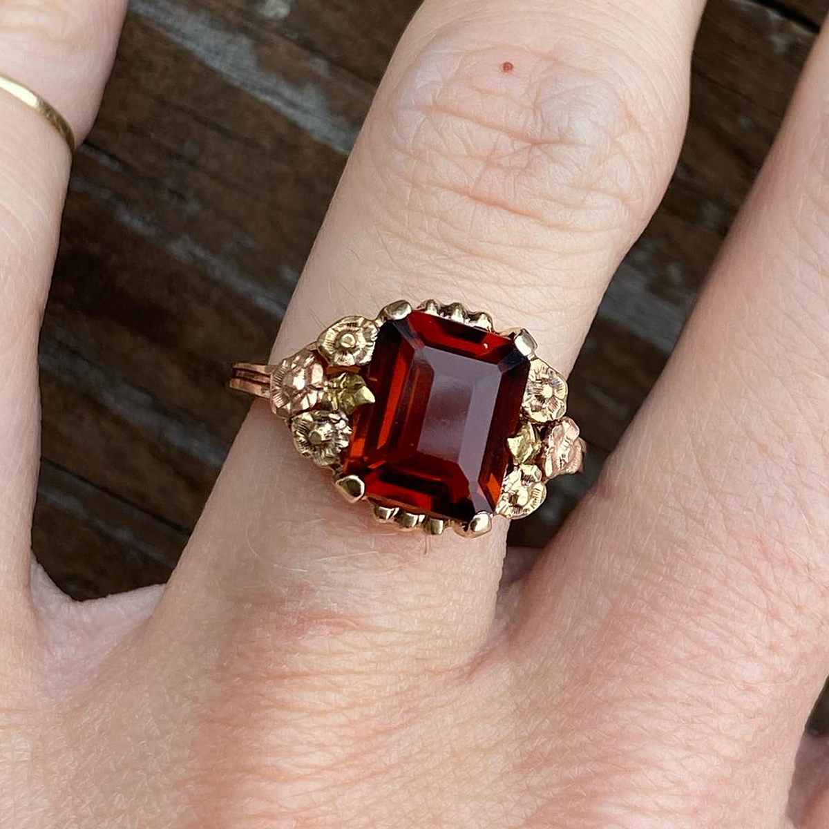 Vintage Floral 4ct Emerald Cut Garnet Sapphire Engagement Ring