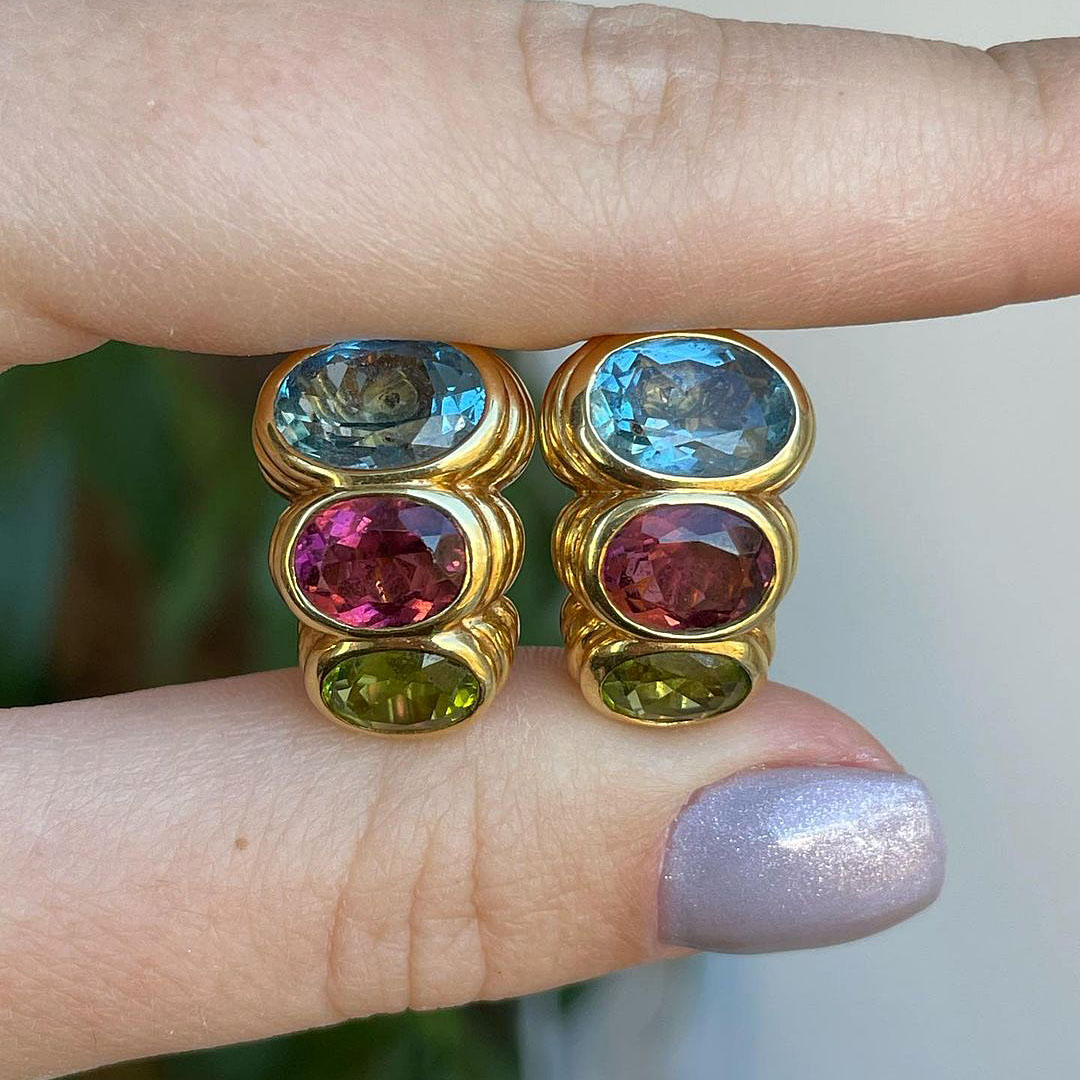 Art Deco Oval Cut Rainbow Sapphire Hoop Earrings