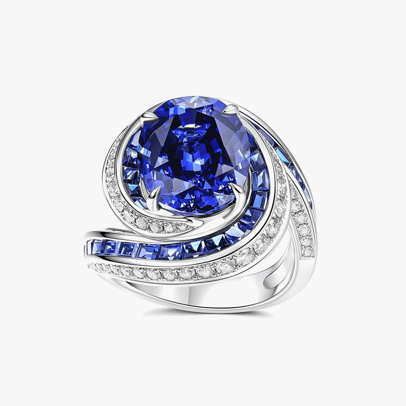 3ct Oval Cut Blue Sapphire Swirl Halo Cocktail Ring