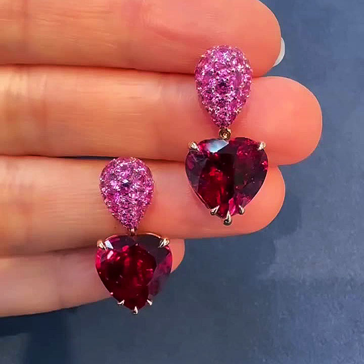Heart Cut Ruby Sapphire Drop Earrings