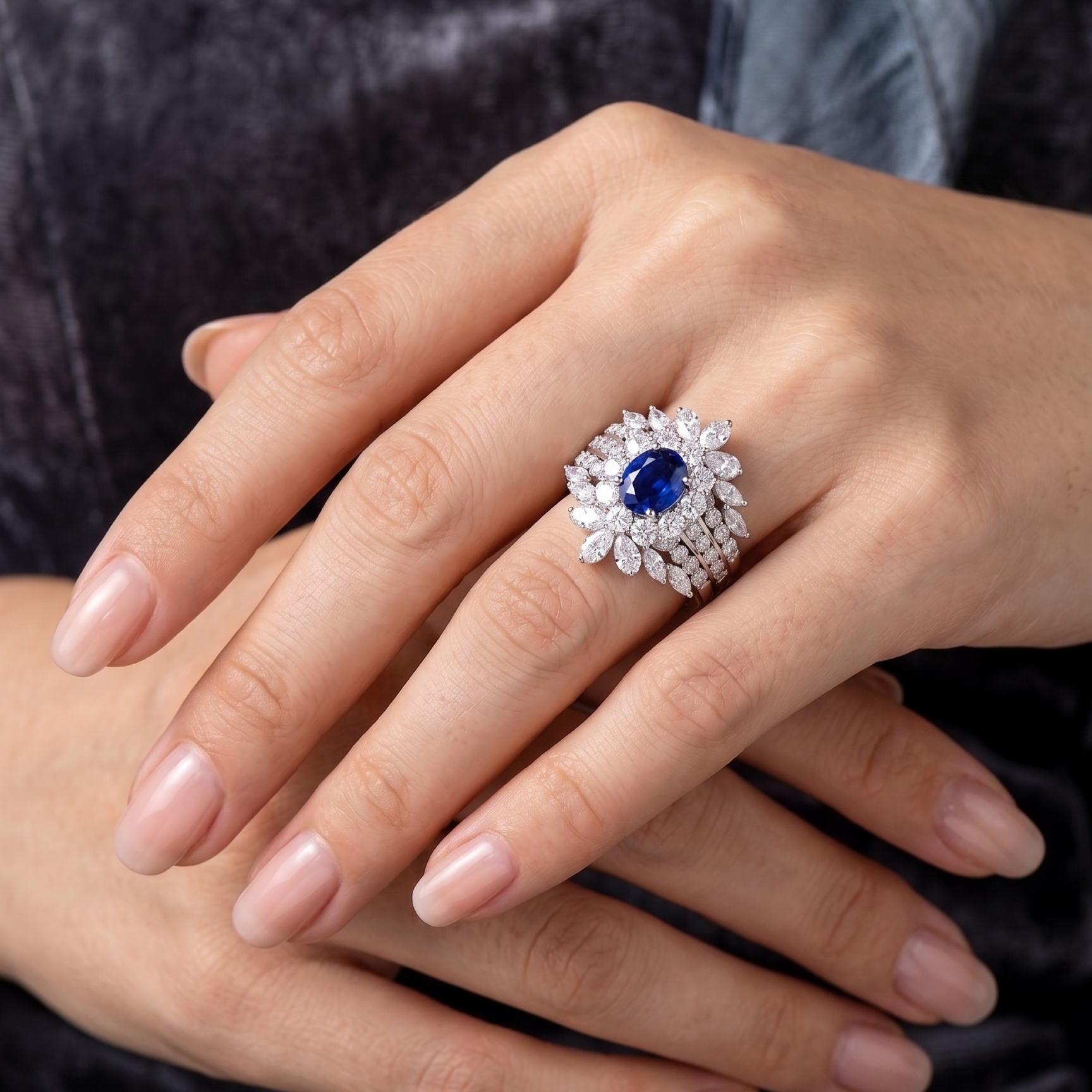Original Design - 2ct Oval Cut Blue Sapphire & White Moissanite Wedding Set（3pcs）