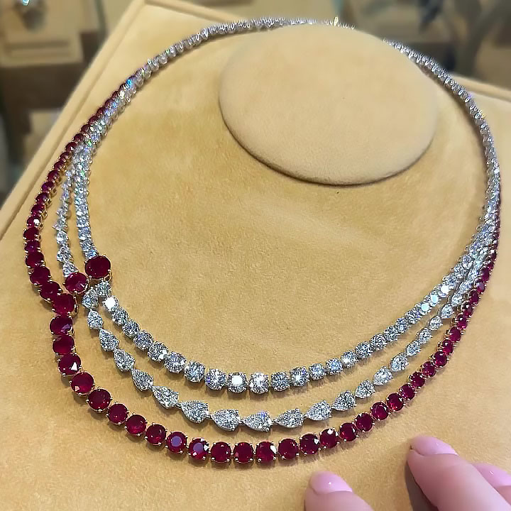 Round&Pear Cut Ruby Sapphire Necklace