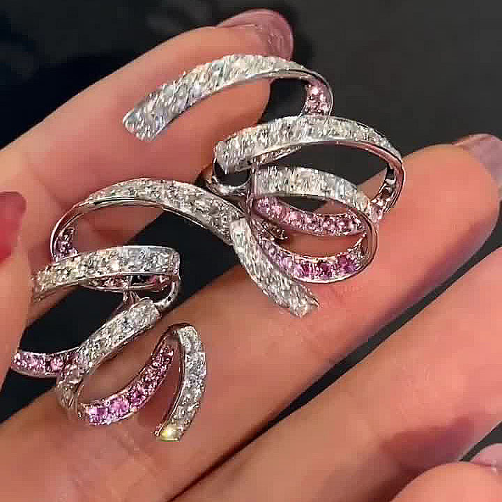 Round Cut White&Pink Sapphire Swirl Ruban Design Earrings