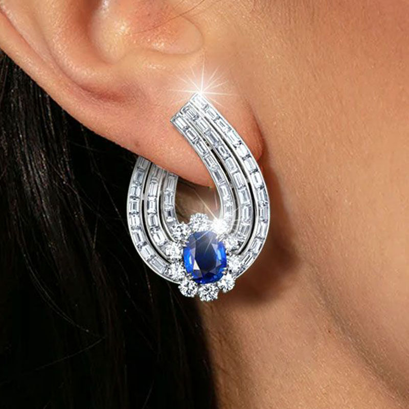 Halo Cushion Cut Blue Sapphire Hoop Earrings