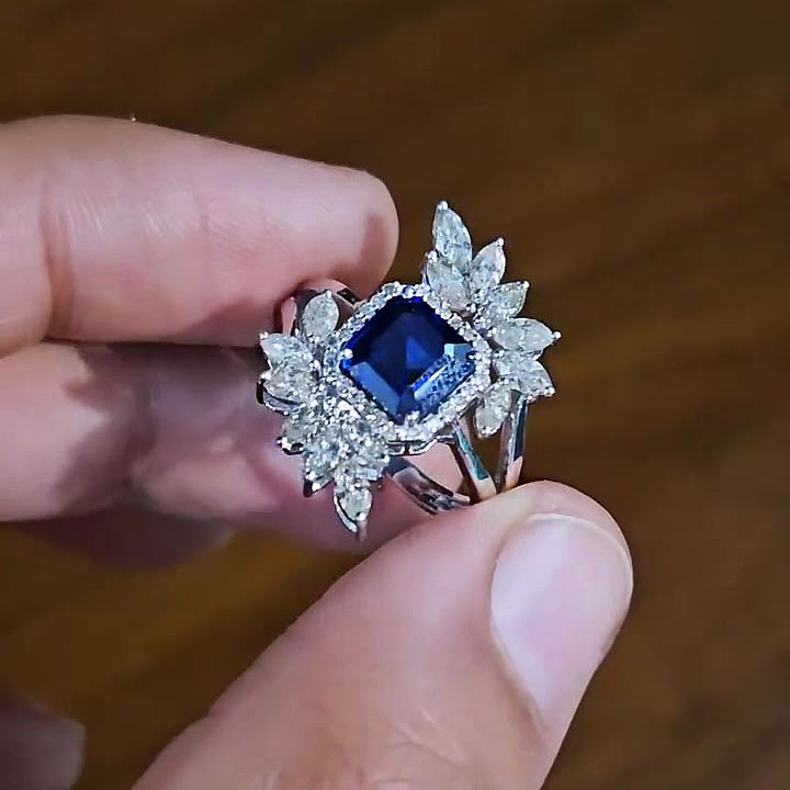 4ct Asscher Cut Blue Sapphire Engagement Ring