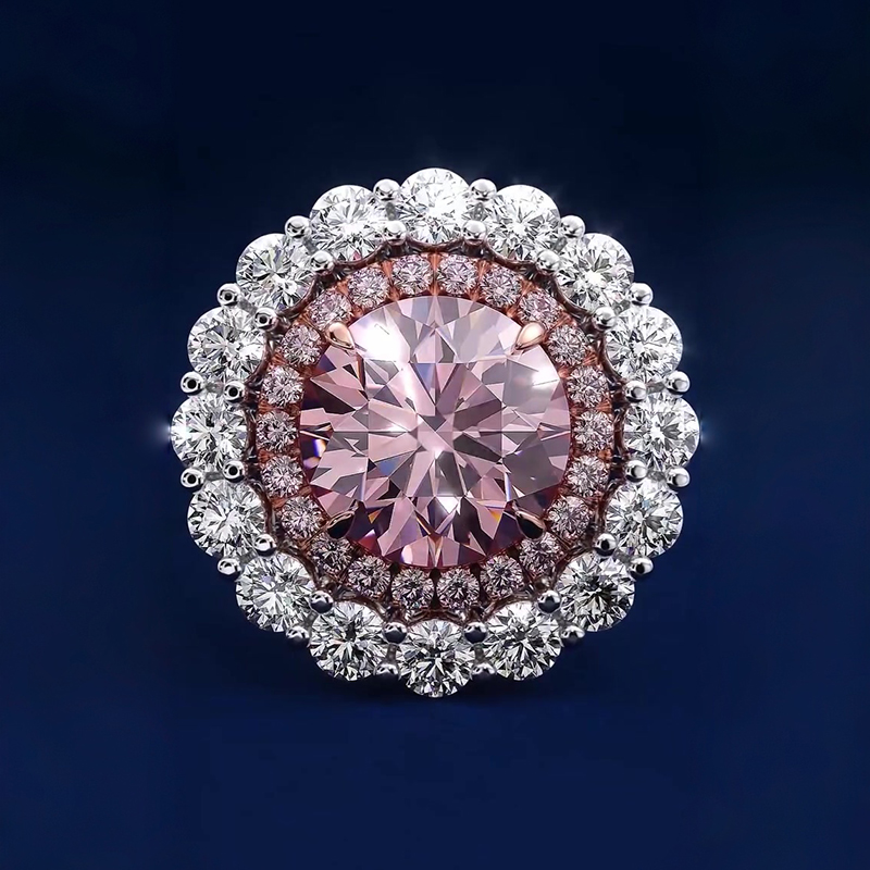 Round Brilliant Cut Pink Sapphire & Double Halo Engagement Ring