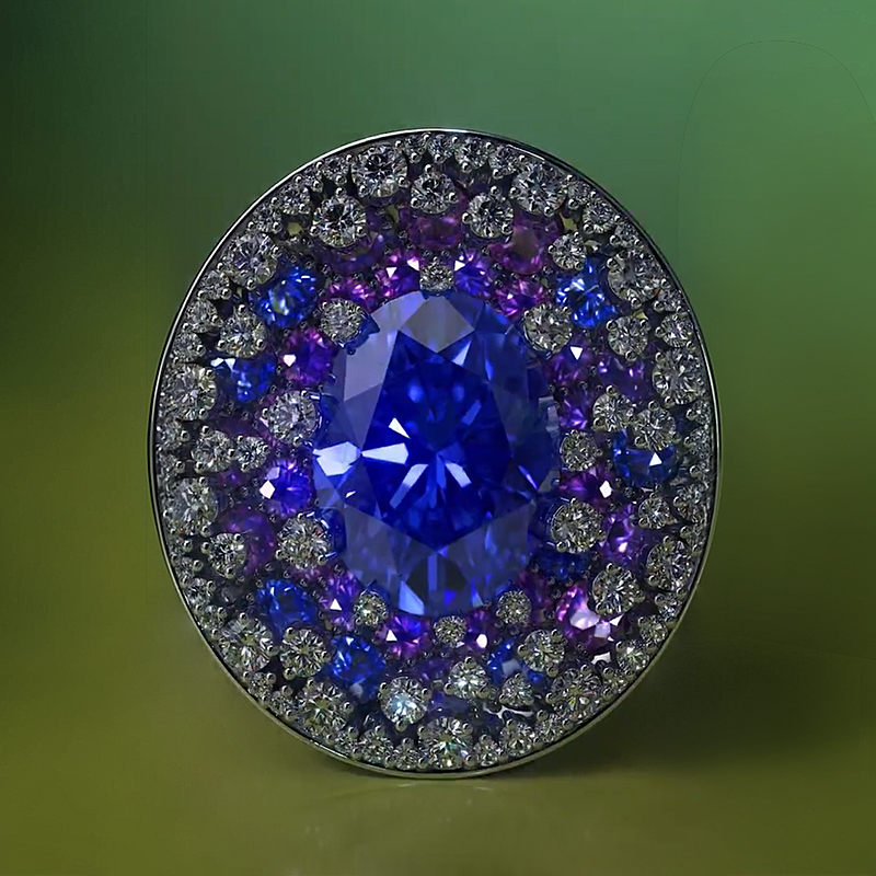 Pave Setting 2ct Oval Cut Blue Sapphire Signet Ring