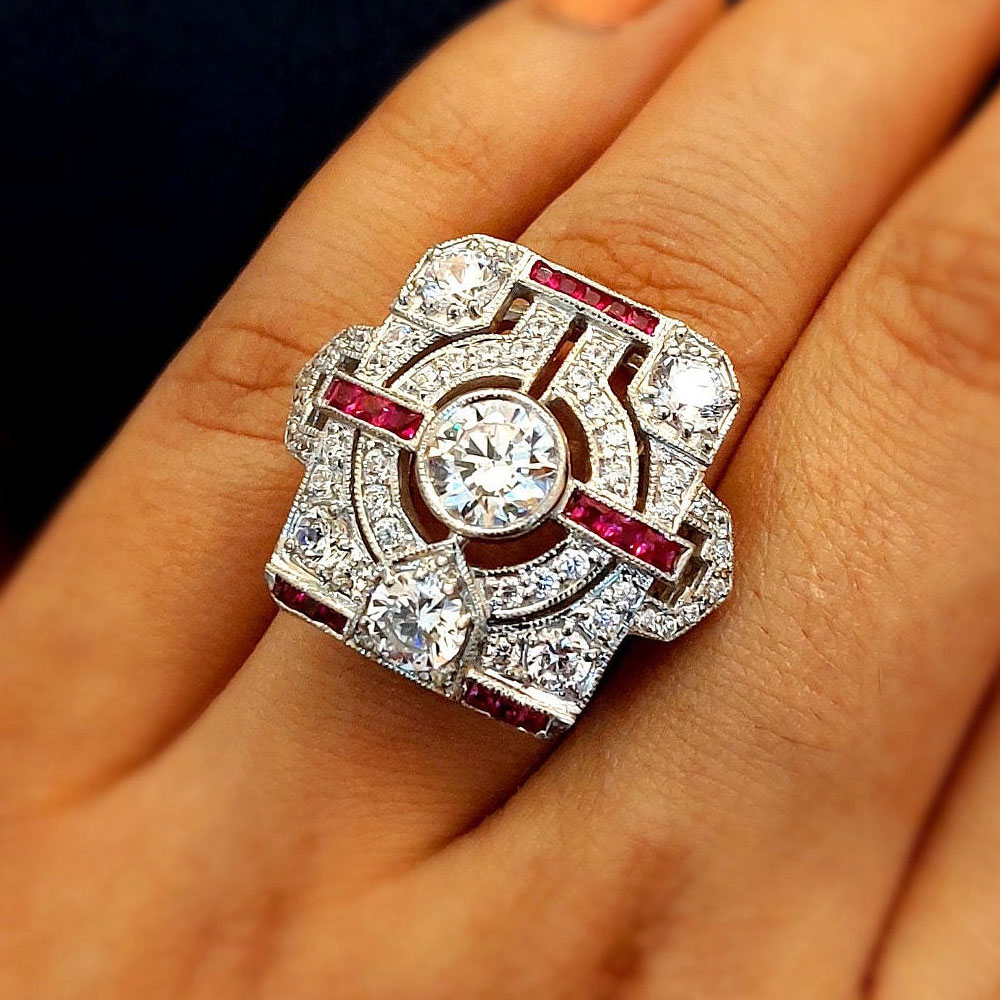 Art Deco 1ct Round Cut White Sapphire Cocktail Ring