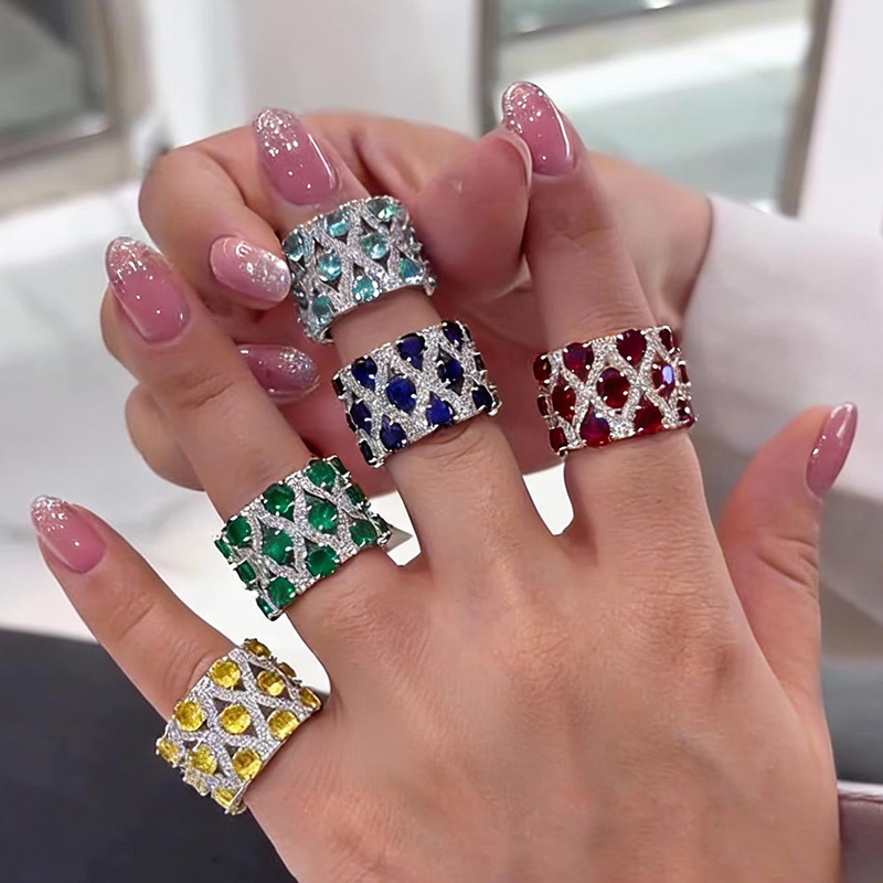 Grid Pattern Multi-Color Sapphire Round Cut Wide Wedding Band