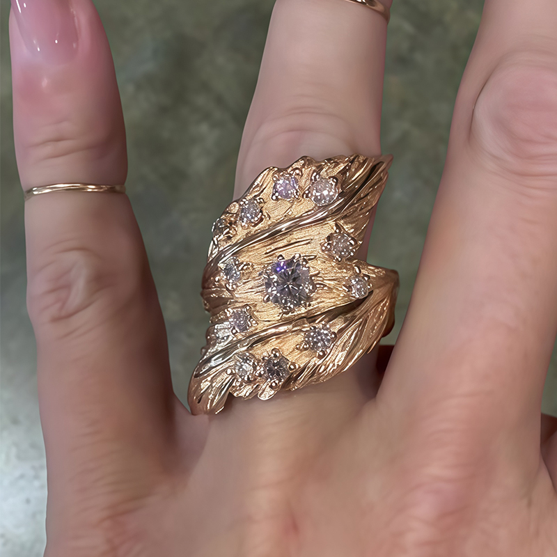 Textured Leaf Cluster Round Cut White Sapphire Band