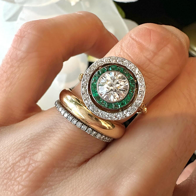 Emerald & White Sapphire Round & Princess Cut Halo Engagement Ring