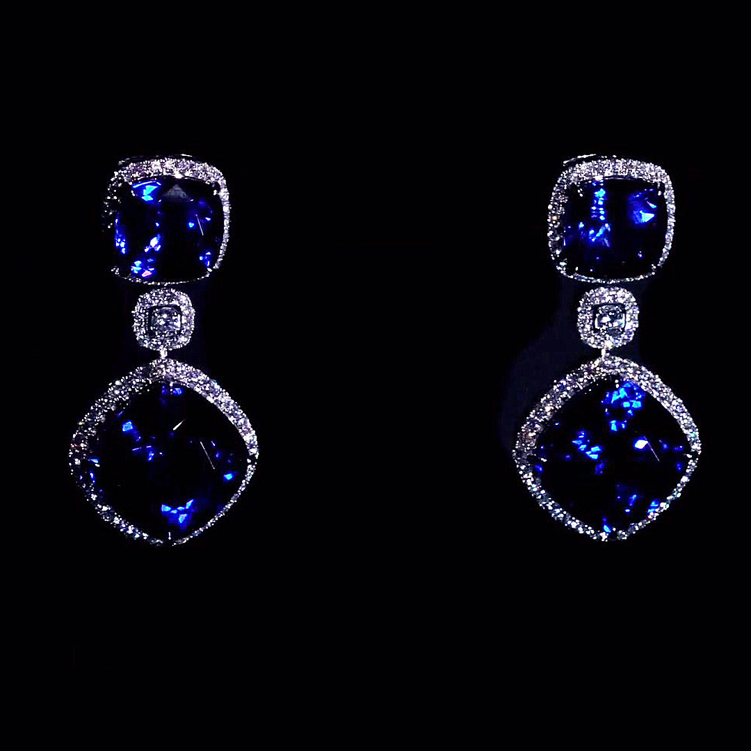 Cushion Cut Blue Sapphire Necklace&Earrings Set/2pcs