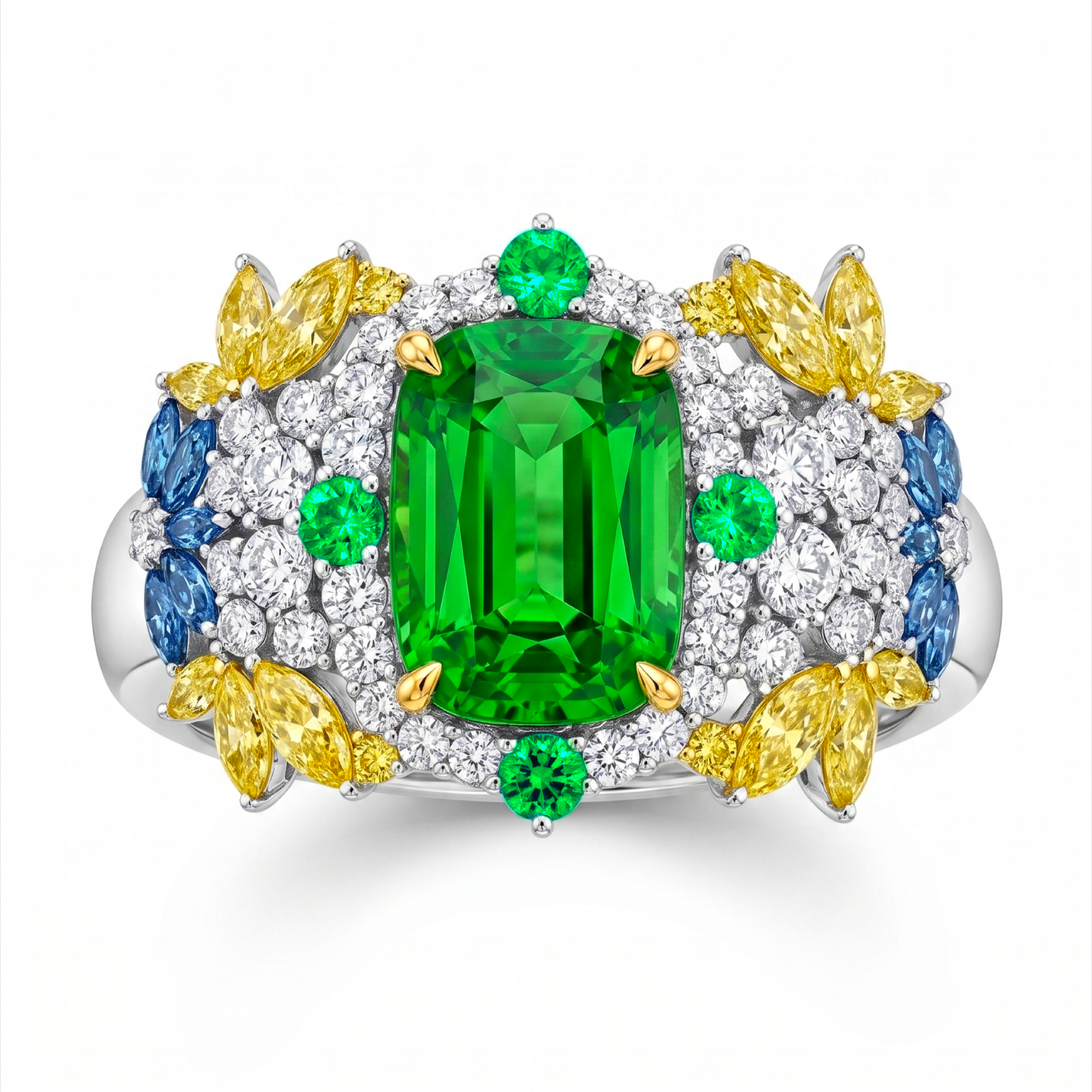 Original Design - Cushion Cut Tsavorite Garden Engagement Ring