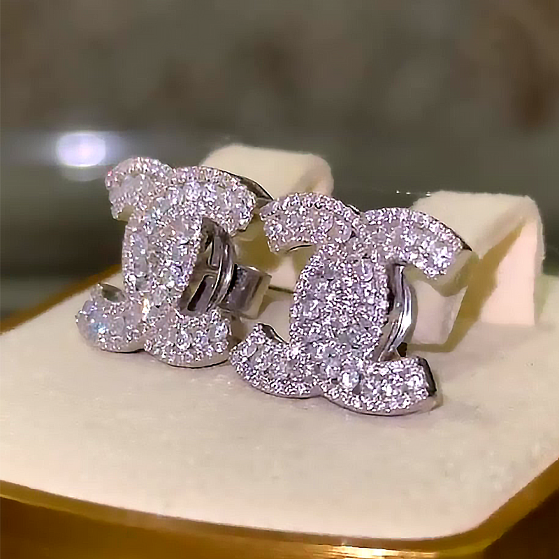 Double C Design White Diamond Micro Pave Stud Earrings