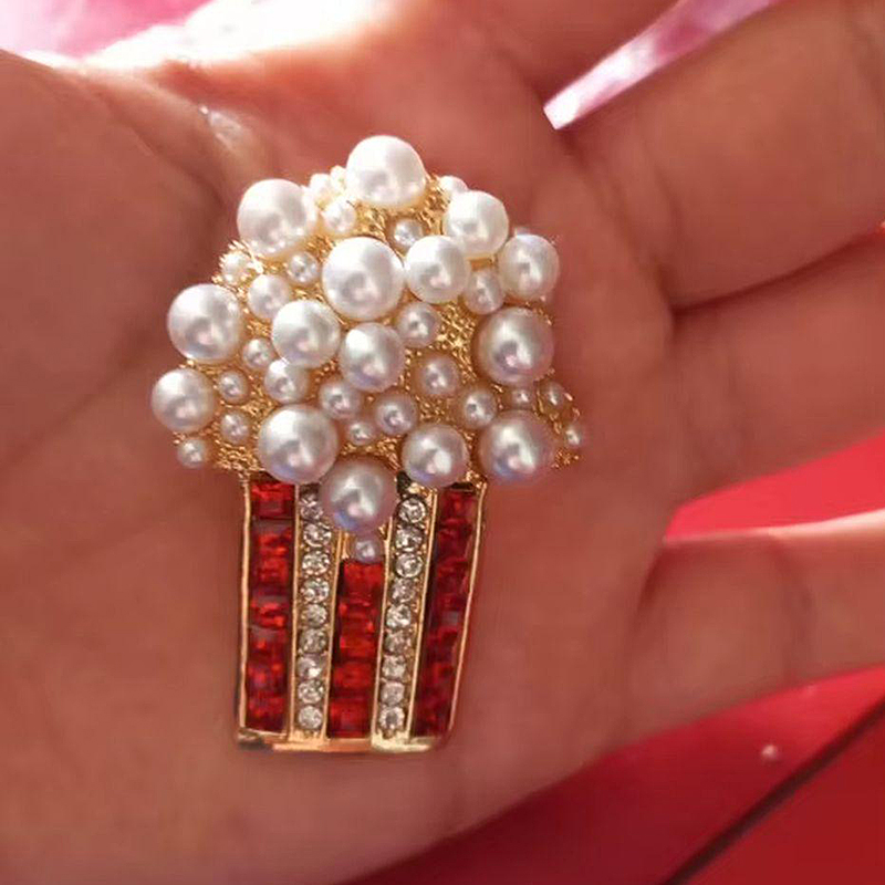 Popcorn Design Cluster Pearl and Channel Setting Ruby&White Sapphire Brooch