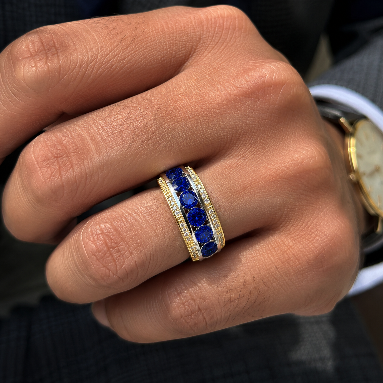 3.5ct Round Cut Blue / Black Sapphire Men's Eternity Ring (2 Color Options)