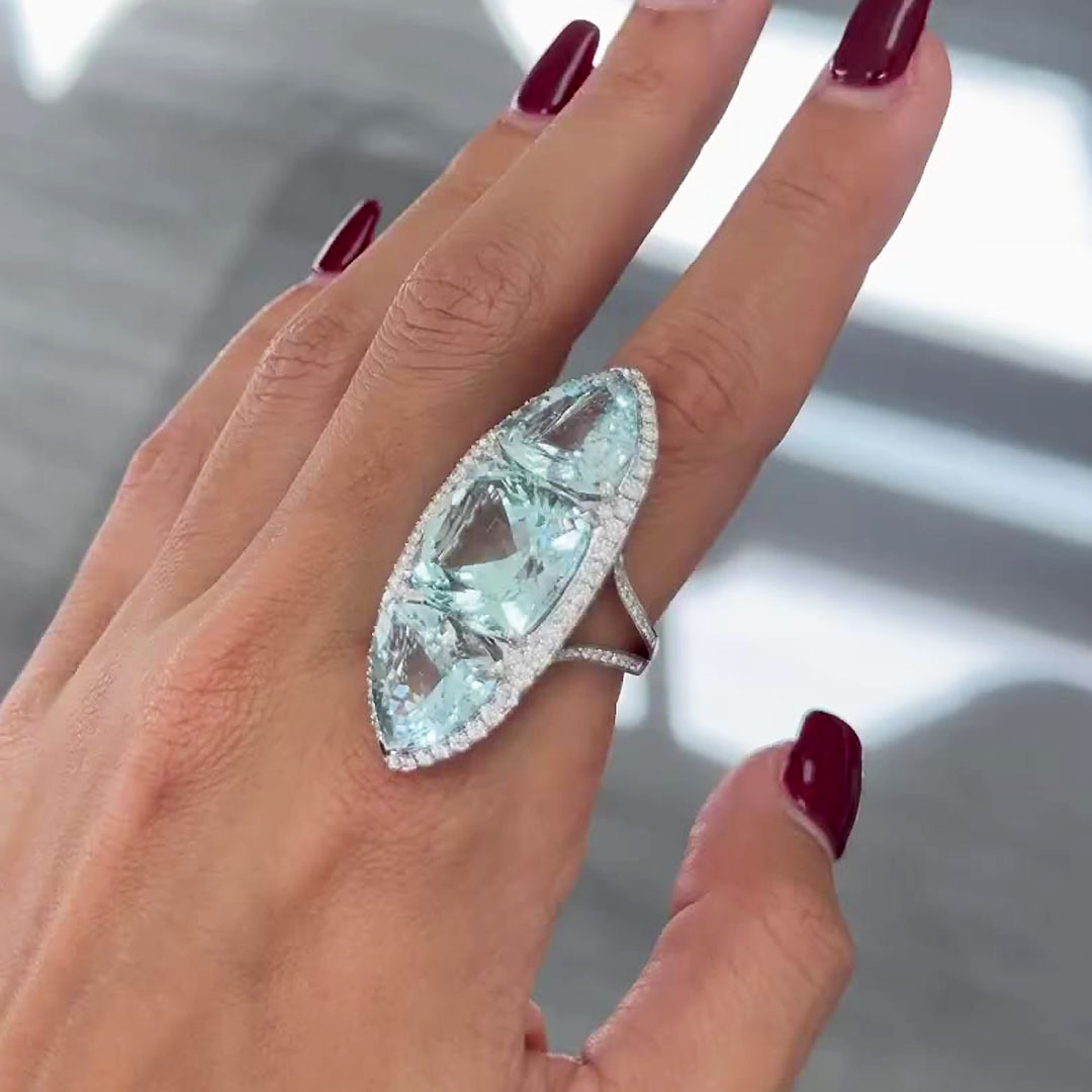 13ct Halo Cushion&Trillion Cut Aquamarine Cocktail Ring