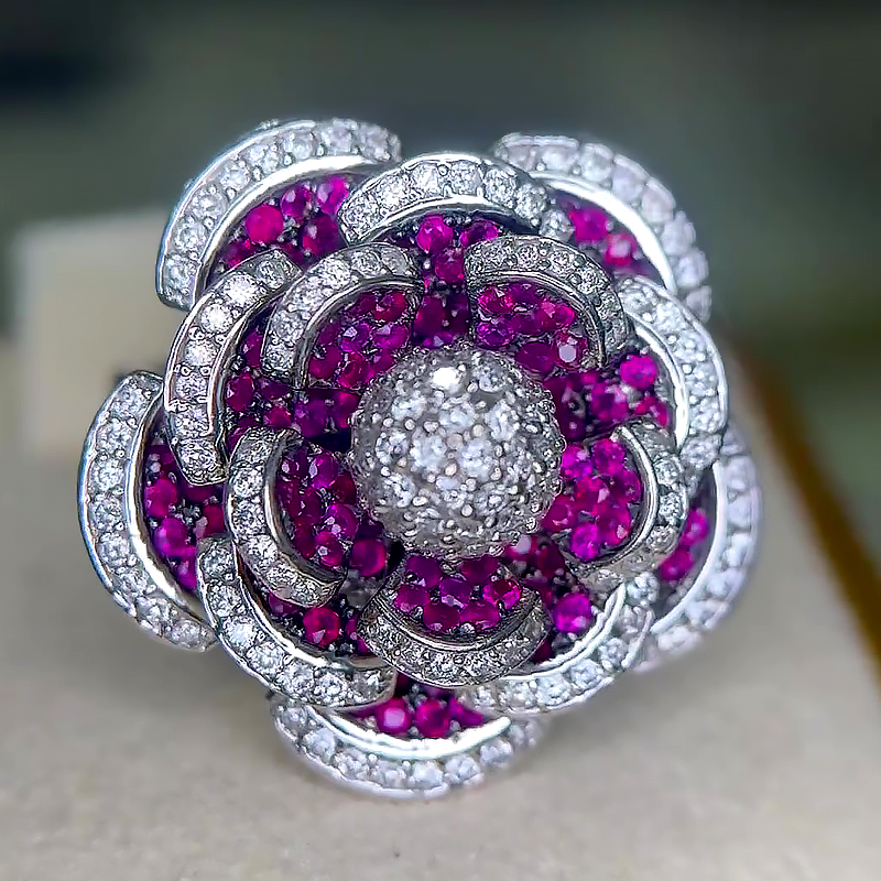 6.35ct Floral Design White&Amethyst Sapphire Cocktail Ring