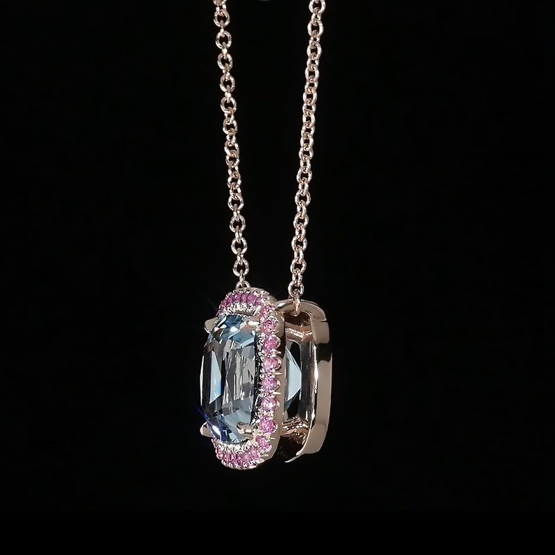 Pink Halo Cushion Cut Aquamarine Sapphire Pendant Necklace