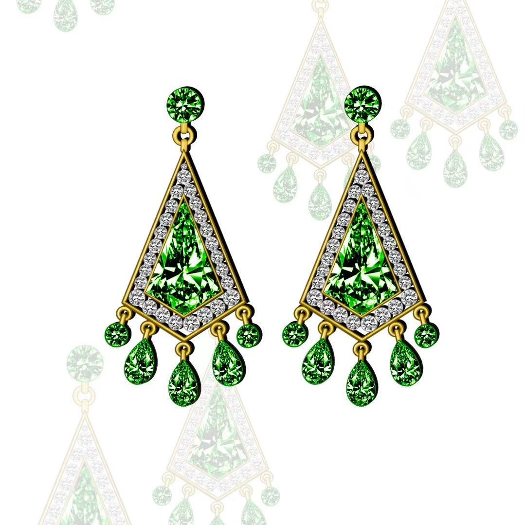 Original Design - Shield Cut Tsavorite Sapphire Dangle Earrings-1 Pair