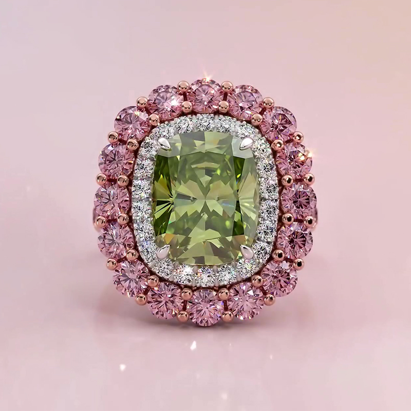 Double Halo 4ct Cushion Cut Peridot Sapphire Ring