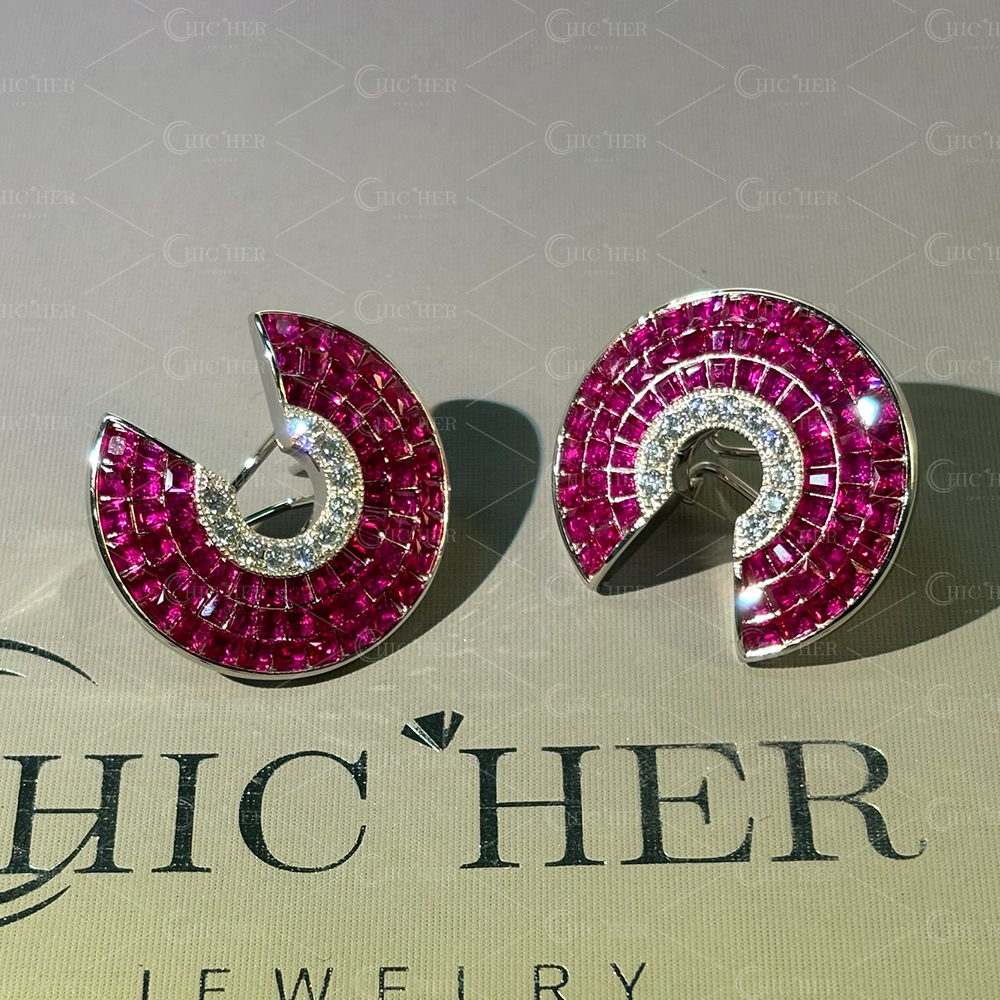 Invisible Setting Ruby&White Sapphire Scallop Earrings