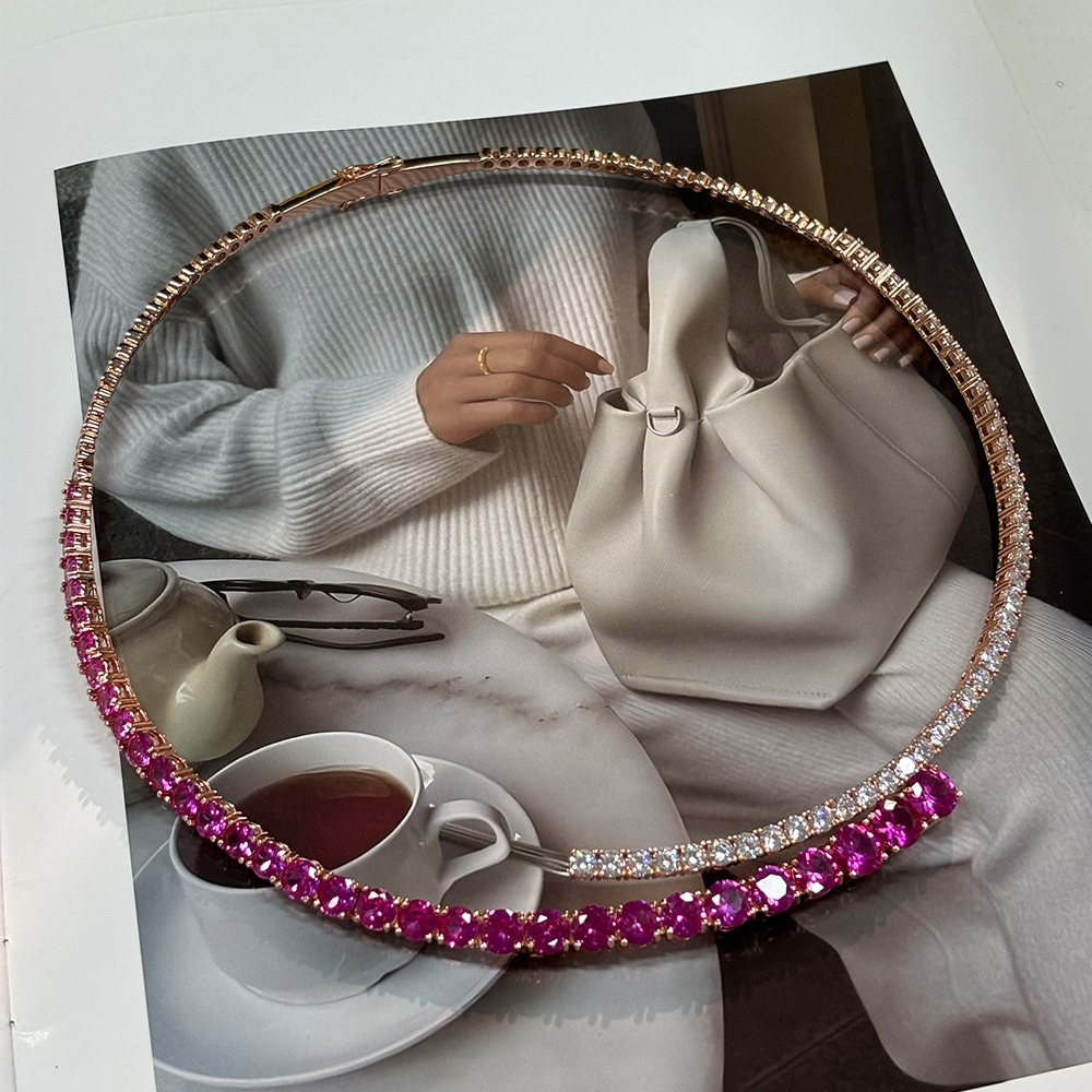 Two Tone Pink&White Sapphire Open Choker Necklace