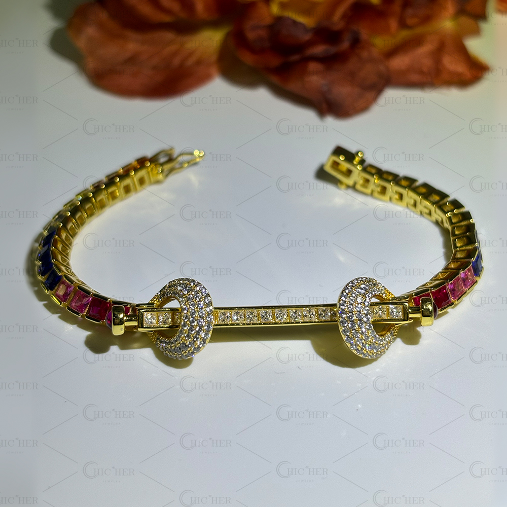 Princess Cut Rainbow Sapphire Tennis Bracelet