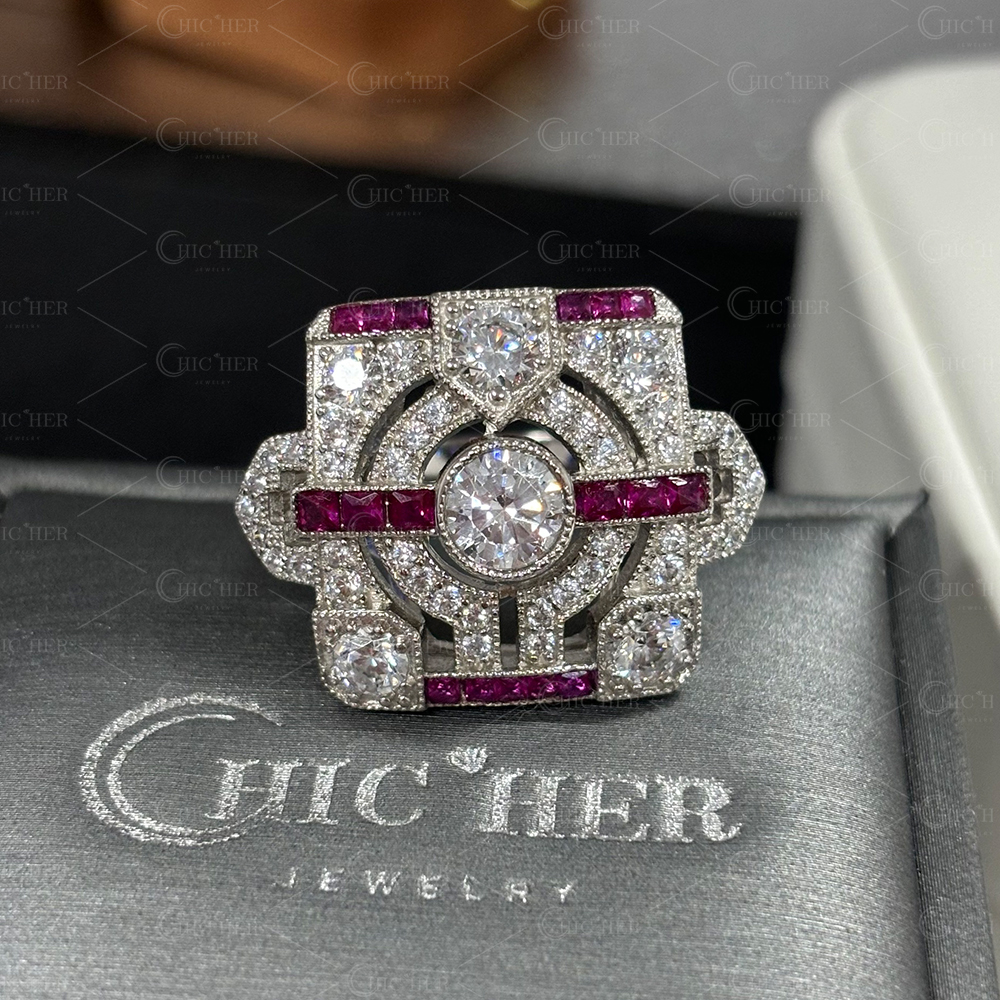 Art Deco 1ct Round Cut White Sapphire Cocktail Ring