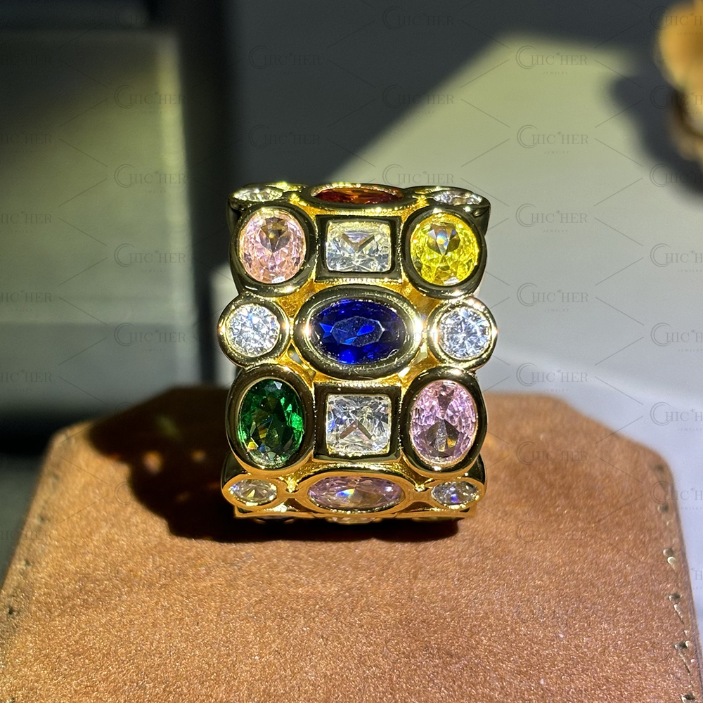 Three Row 5.85ct Rainbow Sapphire Wedding Band