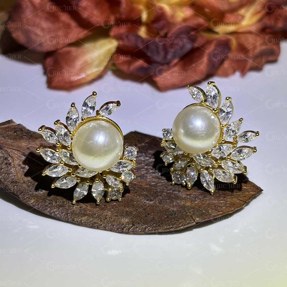 Art Deco Gold Pearl&Diamond Stud Earrings