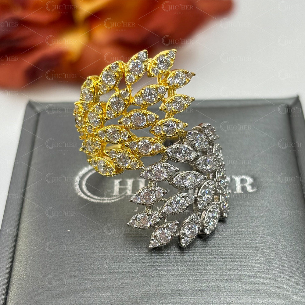 Two Tone Leaves 1.8ct Round Cut White Sapphire Cocktail Ring